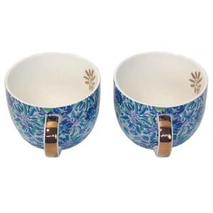Lilly Pulitzer 12oz Ceramic Mug Set of 2 Coffee Tea Blue Floral Gold Lion